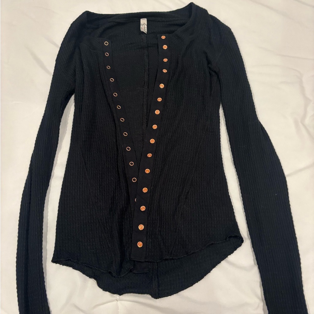 Free People Black Button-Up Ribbed Top